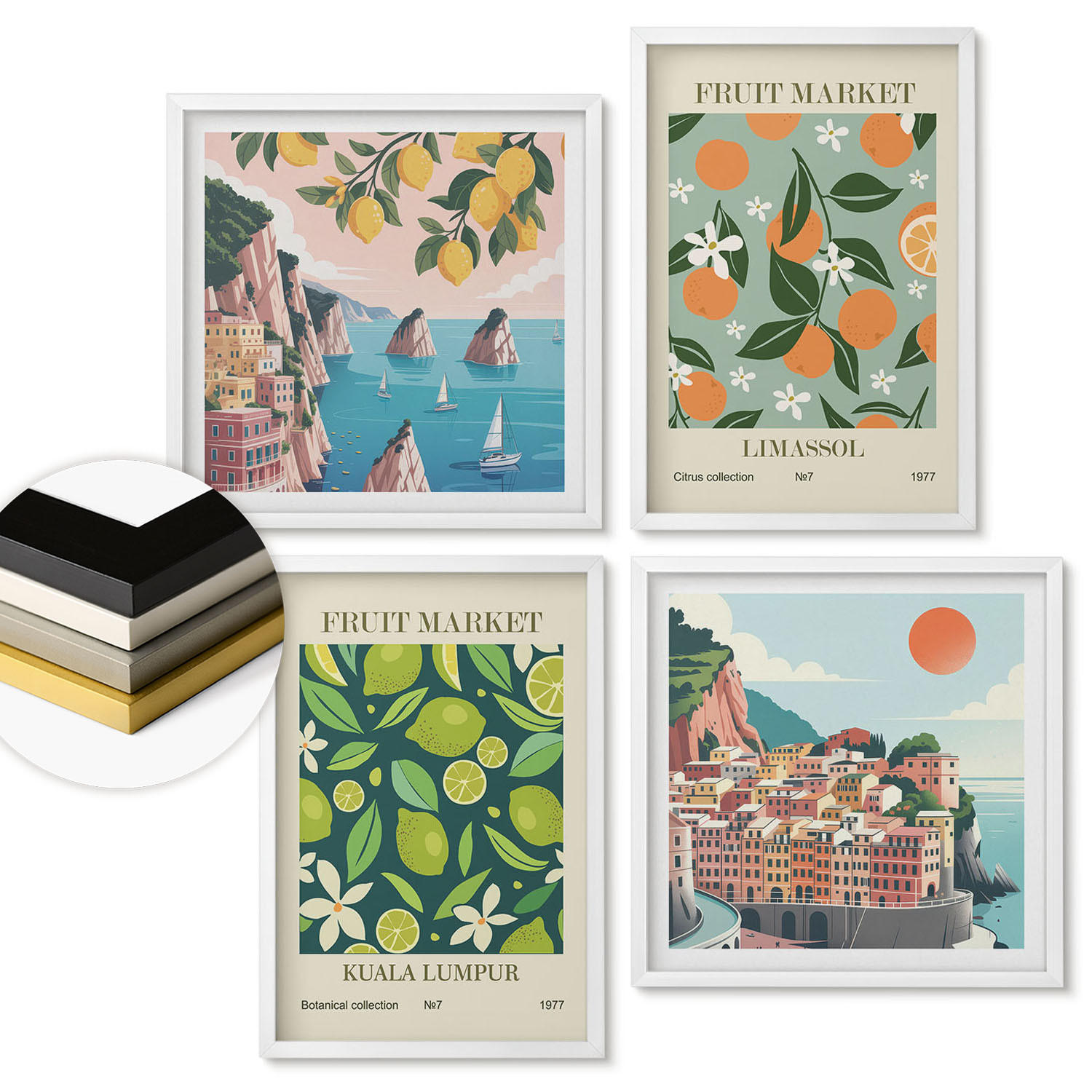 WANDBILDER 4er-Set - 50x50 cm & 40x60 cm Weißer Rahmen - Vintage-Poster mit Fruchtmustern - Weiß, Kunststoff (50/50cm) - ArtPrintCave