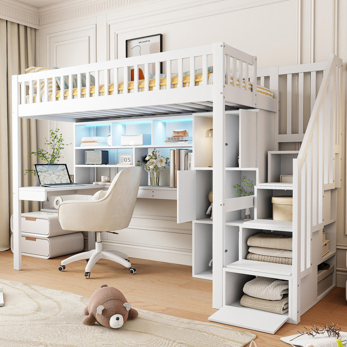 HOCHBETT 90/200 cm aus Kiefer und MDF mit Schreibtisch und LED-Beleuchtung Weiß - Weiß, Holz (90/200cm) - Modenvie