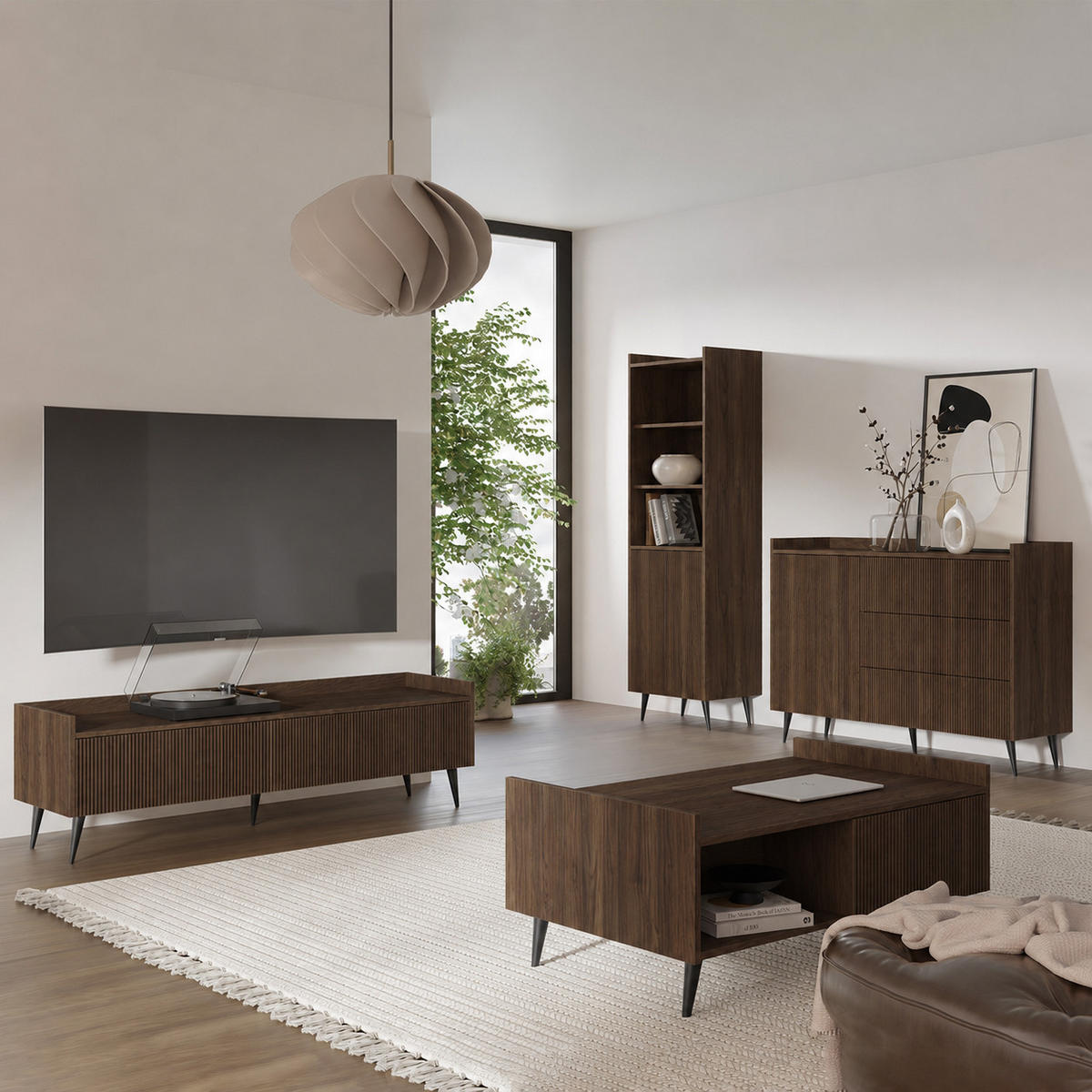 WOHNWAND Amfali 4-teilig –Lowboard, Kommode, Regal und Couchtisch, Push-to-open, Walnussfarben - Walnussfarben/Schwarz, Holzwerkstoff/Metall (150/180/41cm) - Beautysofa