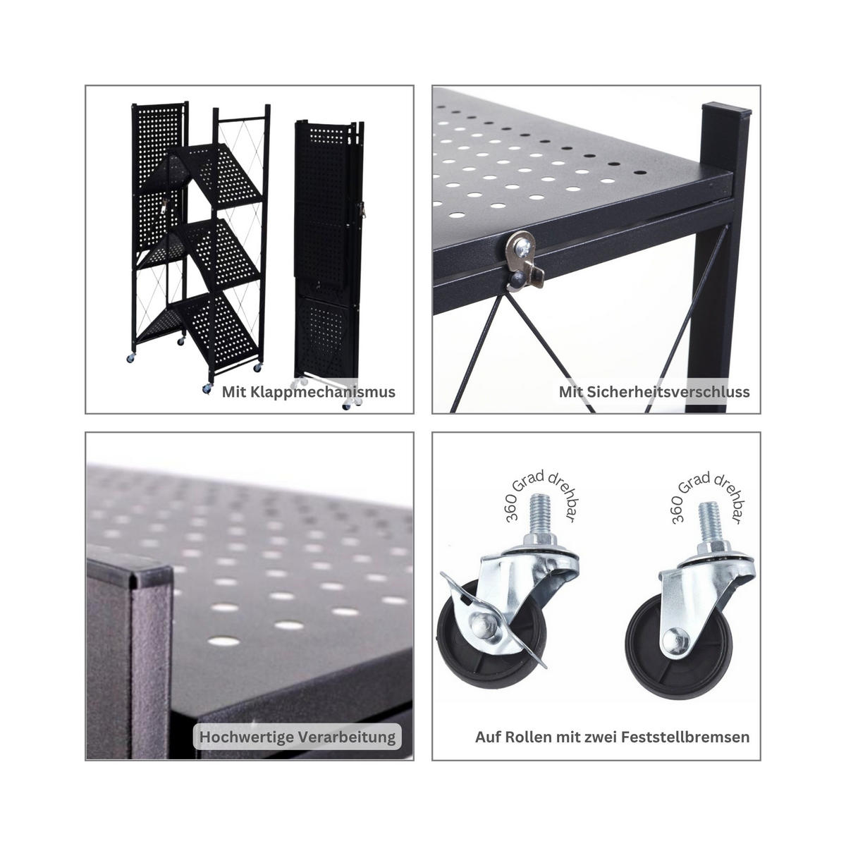 KLAPPREGAL auf Rollen 4 Fachböden Belastbarkeit 200kg 127x72x34 cm Schwarz - Schwarz, Metall (72/127/34cm) - PROREGAL