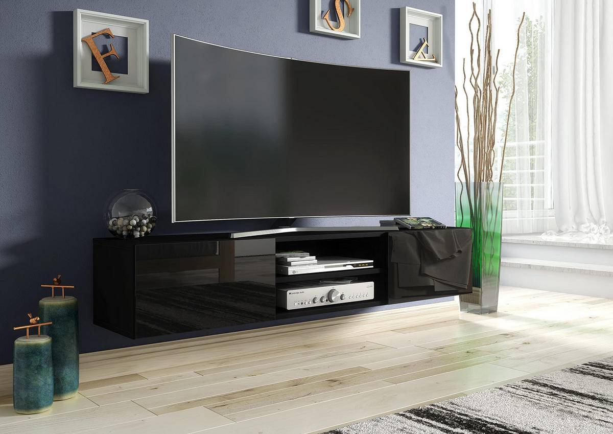 TV Hängeschrank 160 cm Schwarz Hochglanzfront 160x35x29,5 cm - Schwarz Hochglanz, Holzwerkstoff (160/35/29.5cm) - Mobelsta