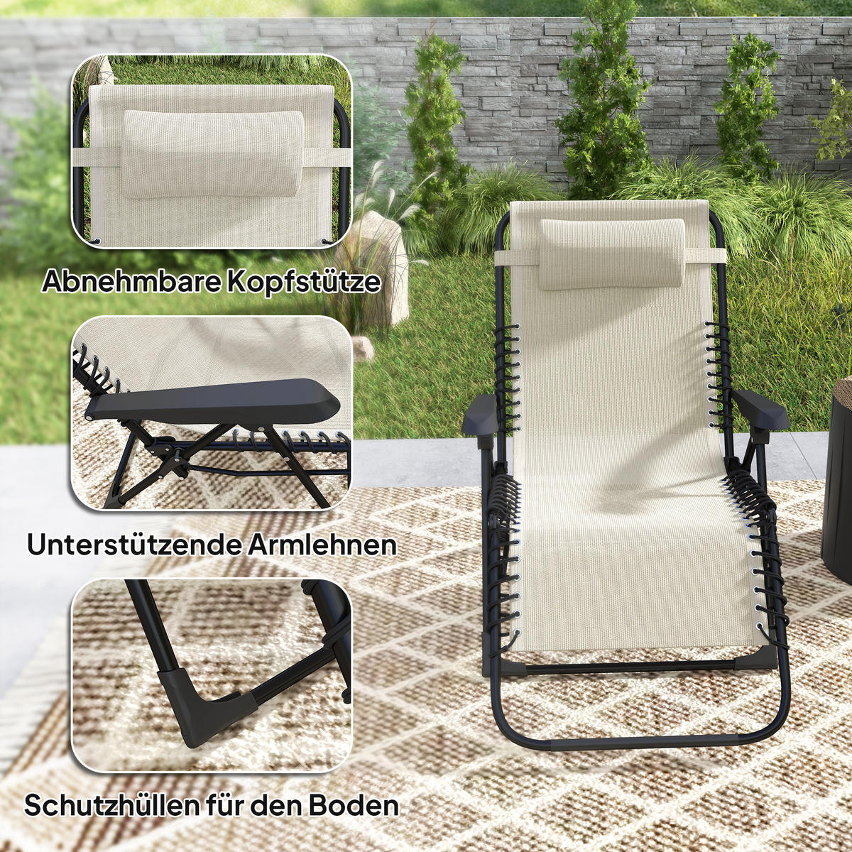 SONNENLIEGE klappbar Gartenliege mit Kopfkissen, Liegestuhl Campingliege Beige - Beige, Metall (65/112/90cm) - Outsunny