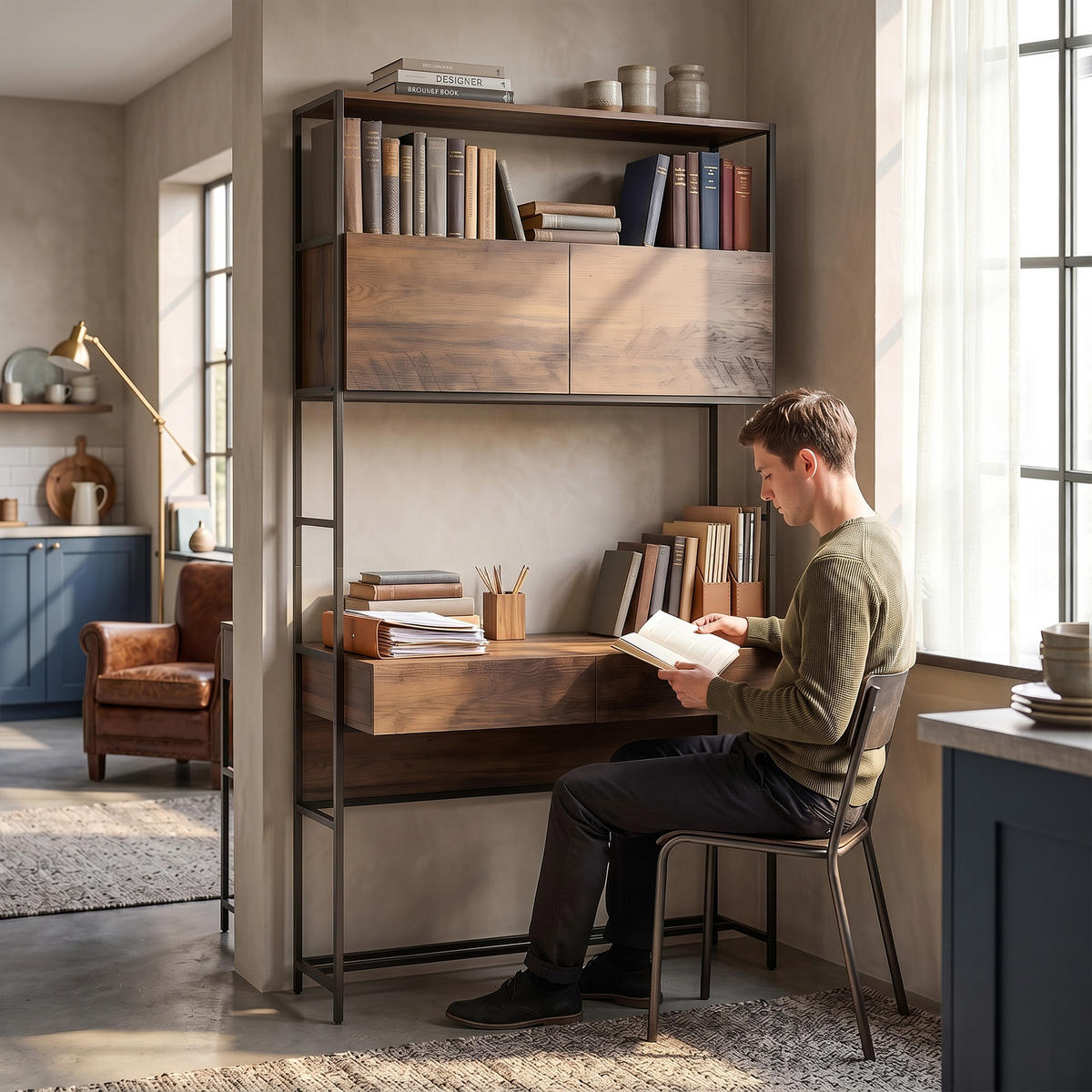 COMPUTERTISCH mit Regalen und Schubladen 185 cm hoch - Braun, Holzwerkstoff (45/100/185cm) - Gisaae
