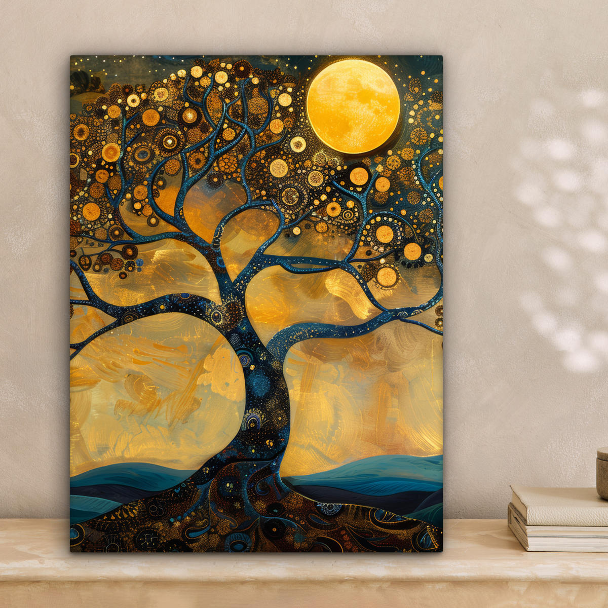 LEINWANDBILD Baum - Mond - Blumen - Gold - Kunst 30x40 cm - Orange, Textil (30/40cm) - MuchoWow