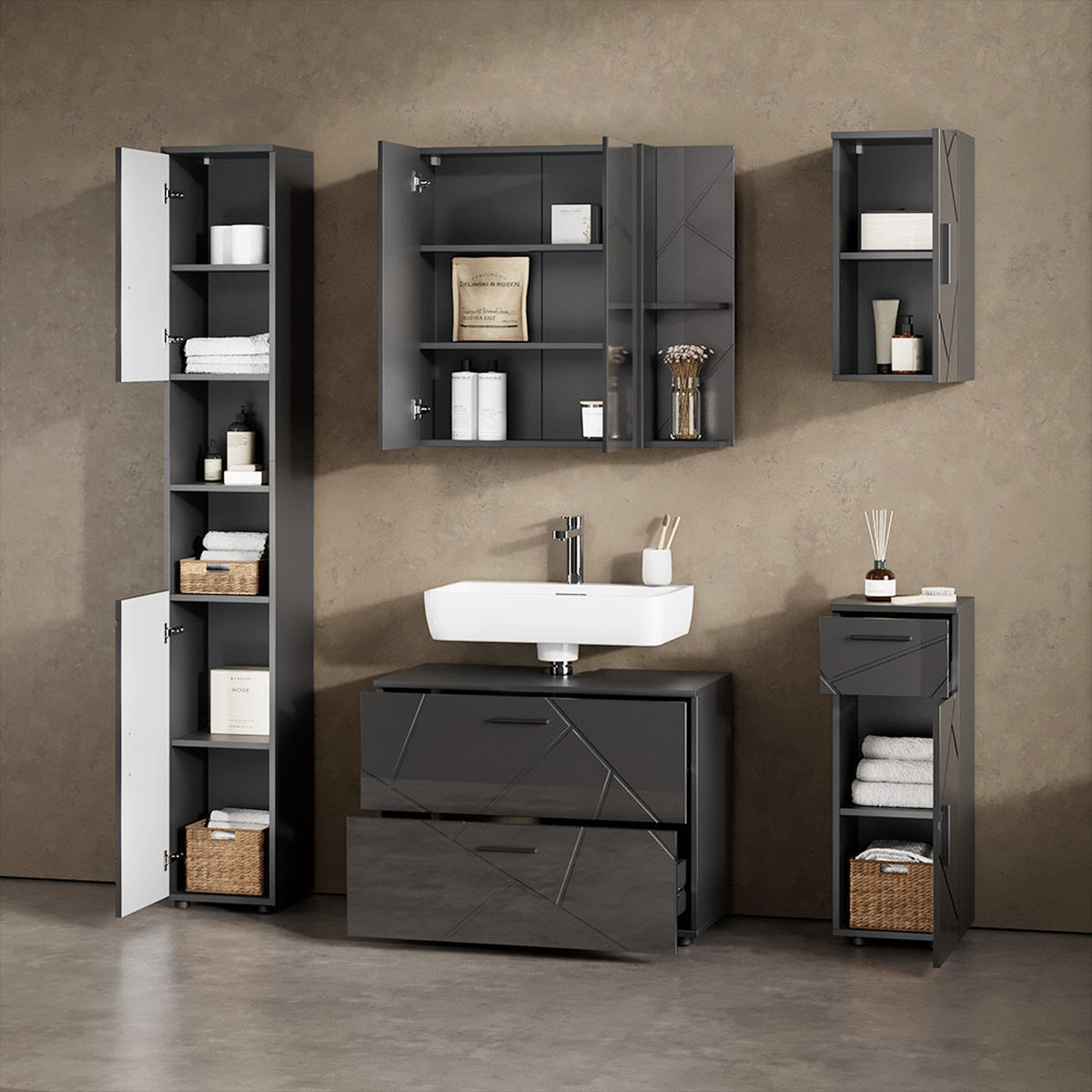 SPIEGELSCHRANK Ronco Anthrazit Hochglanz/Anthrazit 80 x 75 cm - Anthrazit, Holzwerkstoff (80/75/17.2cm) - Livinity®