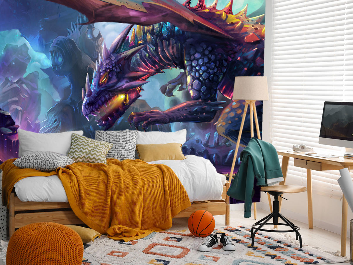 FOTOTAPETE für Jugendzimmer Fantastischer Drache Magische Welt Fantasy 450x315 - Türkis/Violett, Papier (450/315cm) - Muralo