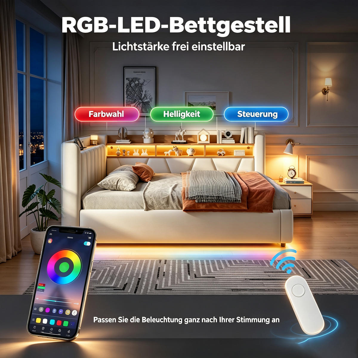 BOXBETT 90/200 mit LED/Regal/USB/Bettkasten, Samt, Beige - Beige, Holz (90/200cm) - LVHOM
