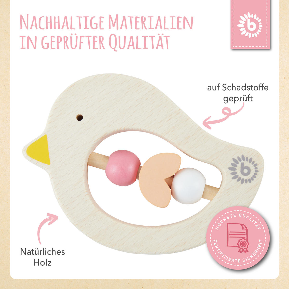 BEISSRING Holz Vogel - ab Geburt - Orange, Holz (7.5/10.3cm) - Bieco Spielwaren