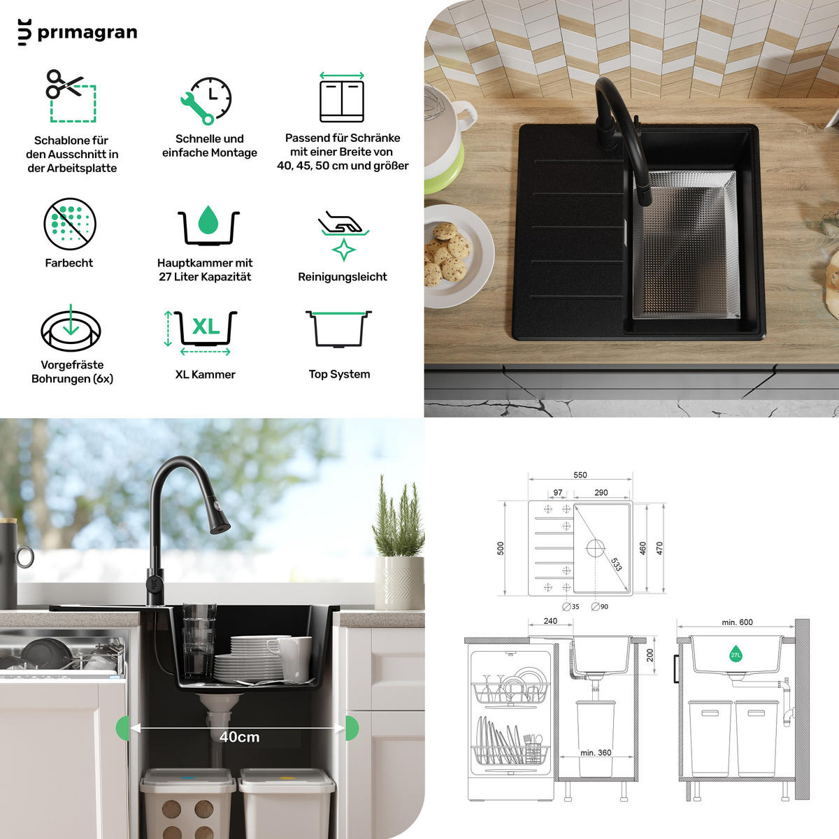 SPÜLBECKEN Kopenhagen, 2-er set Alles Schwarz 55/50 cm 1 Becken + Ablauf-Set + Schneidebrett ab 40er Unterschrank - Schwarz, Kunststoff (55/20/50cm) - Primagran
