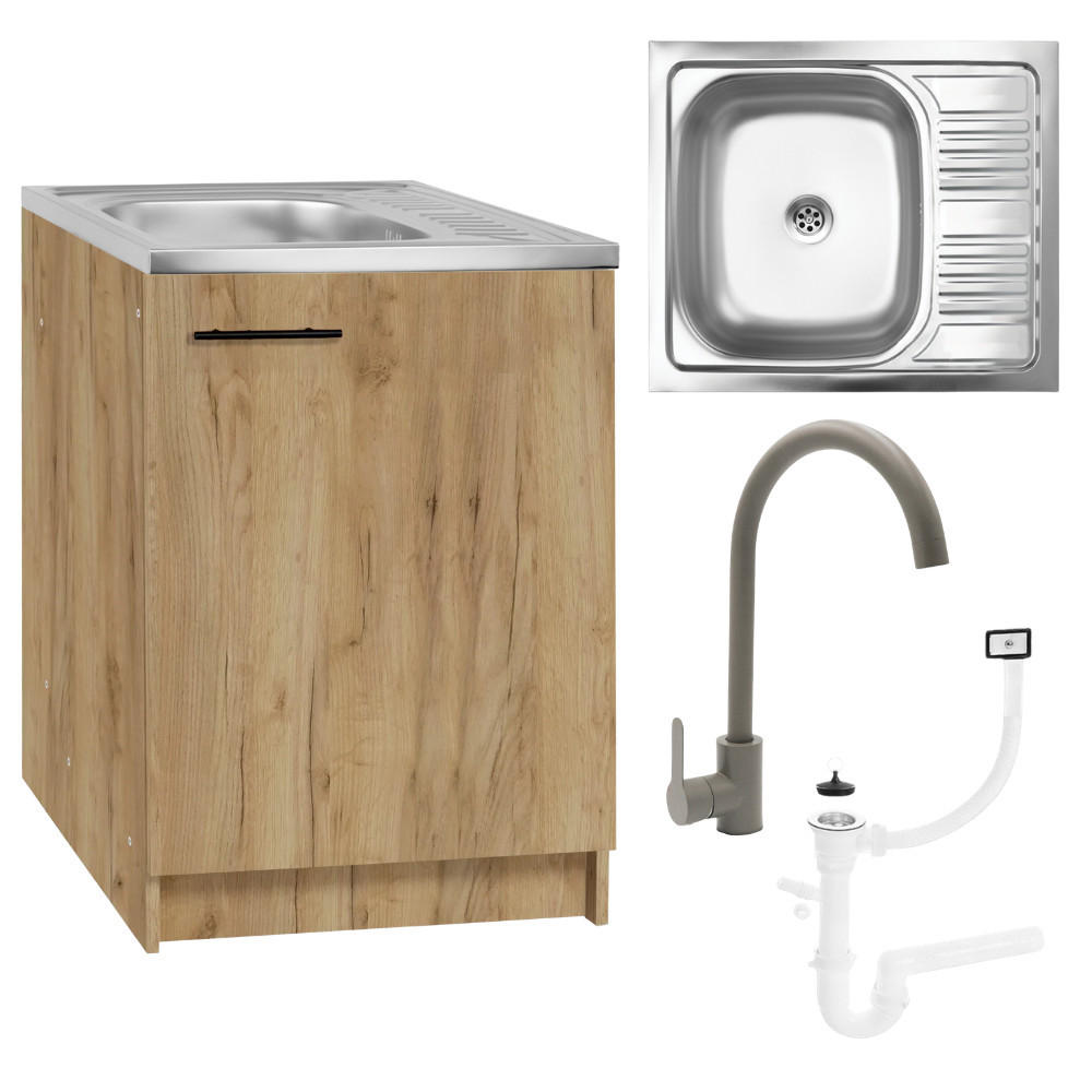 SPÜLUNTERSCHRANK 60cm mit Spüle + Armatur + Siphon Eichenfarbe - Eichefarben, Holzwerkstoff (60/82/50cm) - Stamar