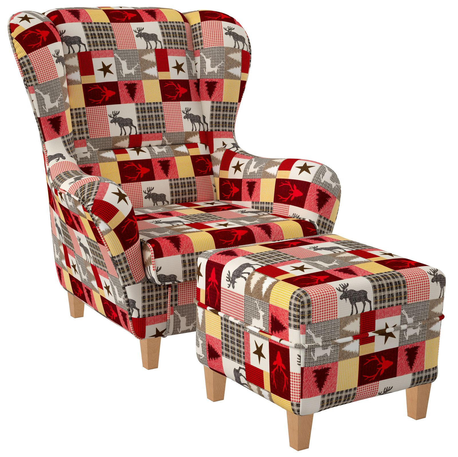 OHRENSESSEL Sofia Relaxsessel mit Hocker | Design Schwedisch Landhaus - Multicolor/Grau, Textil (92/68/95cm) - Supellex