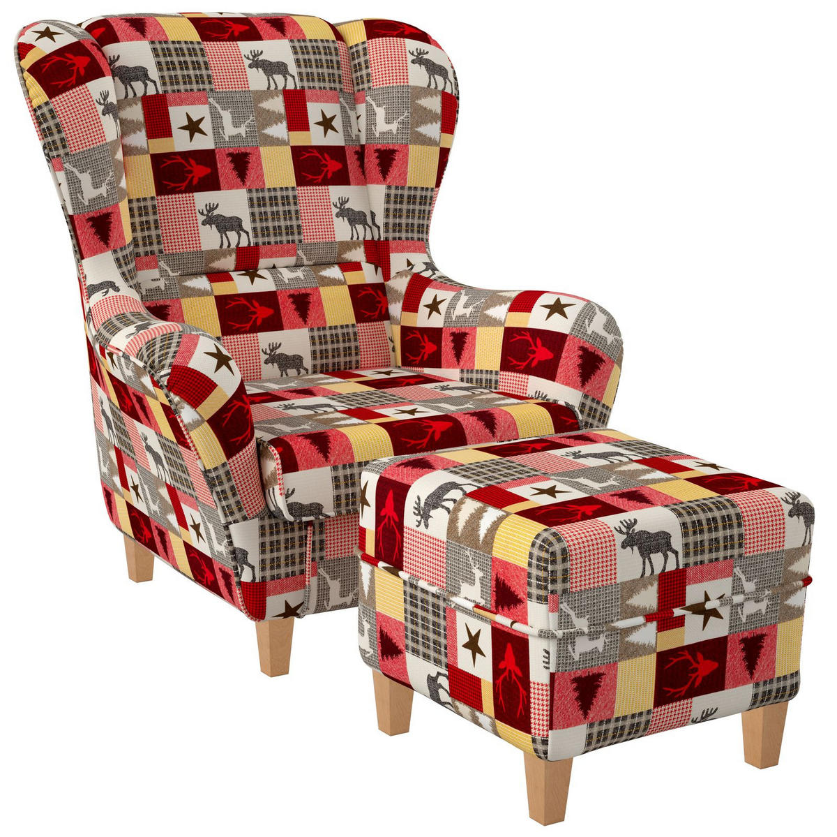 OHRENSESSEL Sofia Relaxsessel mit Hocker | Design Schwedisch Landhaus - Multicolor/Grau, Textil (92/68/95cm) - Supellex