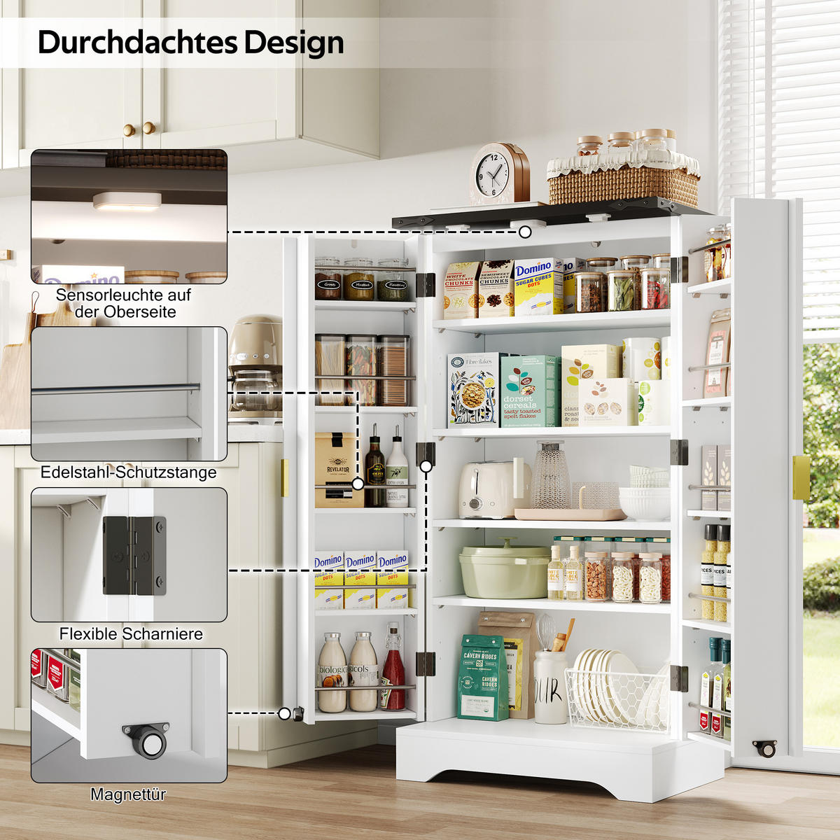 KÜCHENSCHRANK in Weiß Küchenbuffet mit LED-Sensorlicht und Gewürzregal für Küchen und Esszimmer, B60.5/T40/H120 cm - Weiß, Holzwerkstoff (60.5/120/40cm) - STILVORA