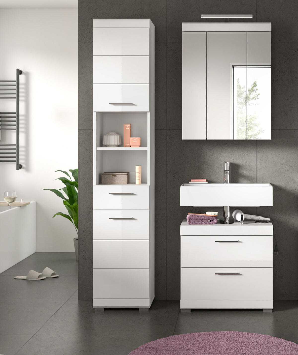 WASCHBECKENUNTERSCHRANK weiß Hochglanz 60 cm mit Schubkästen - Weiß Hochglanz/Silberfarben, Holzwerkstoff/Kunststoff (60/56/37cm) - Inn.Furn