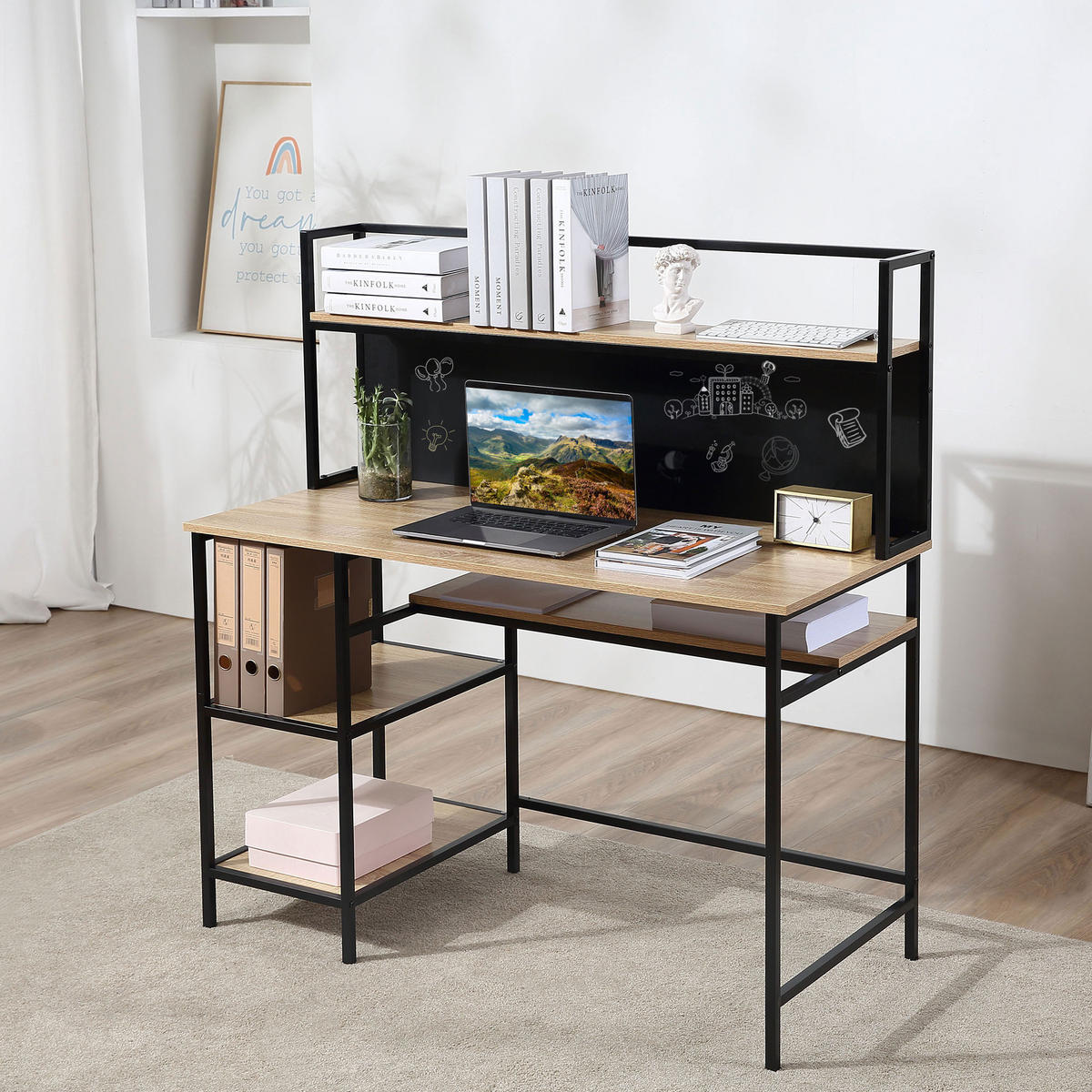 SCHREIBTISCH Eichefarben und Schwarz mit Regalfächern und Kreidetafel 120/53/126 cm - Naturfarben, Holzwerkstoff (53/120/126cm) - PANGIVO