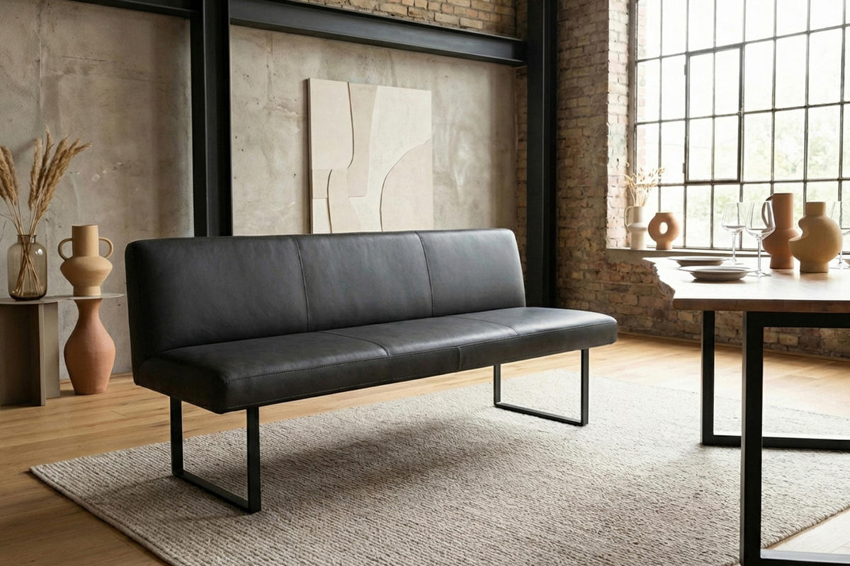ESSZIMMERBANK ELEEN Schwarz Leder - Schwarz, Leder (223/85/69cm) - KAWOLA