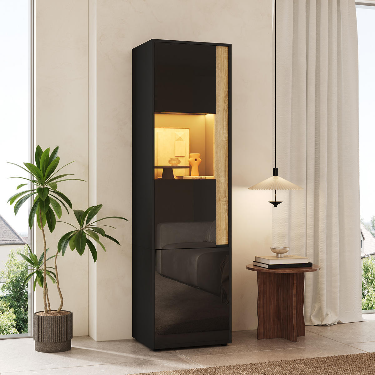 VITRINE 50x40x179 cm Schwarz Natur mit LED und 2 Türen - Schwarz, Holzwerkstoff (50/179/40cm) - FLIEKS