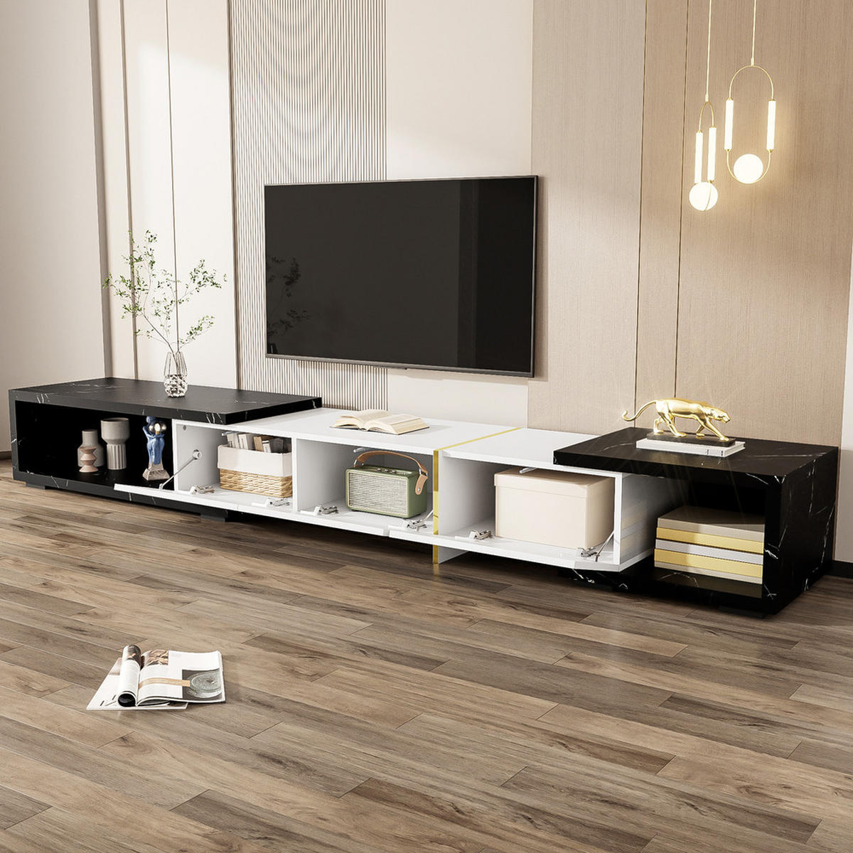 TV-SCHRANK Modern variable Länge 140-260cm drehbar Schwarz-Weiß Marmoroptik - Weiß, Holz (51.4/30.5/62.2cm) - FLIEKS