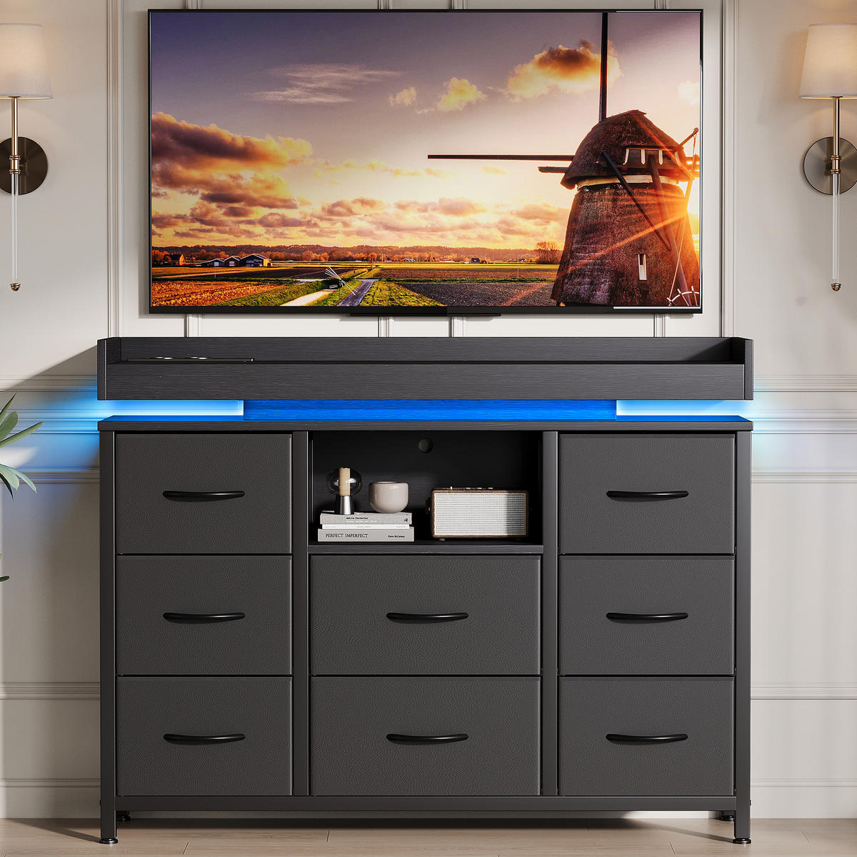 KOMMODE Schwarz mit 8 Stoffschubladen & LED-Beleuchtung - Schwarz, Holzwerkstoff (30/82/108cm) - SHOPENTRA