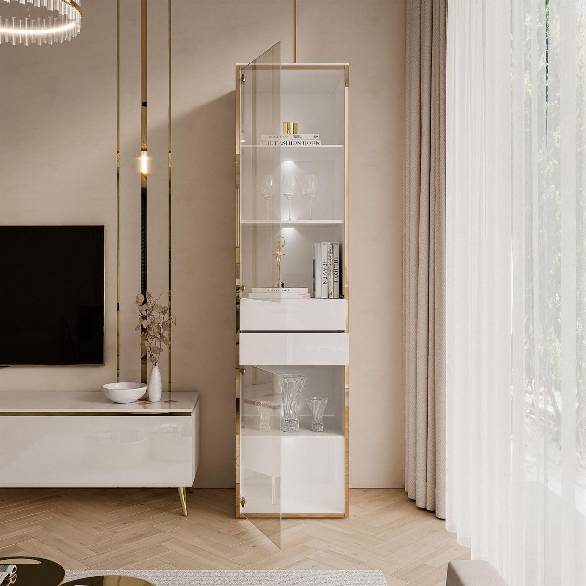 VITRINE AURORA in Weiß hochglanz mit LED-Beleuchtung mit Fuße - Weiß Hochglanz/Schwarz, Holzwerkstoff/Kunststoff (45/181/40cm) - Lookway