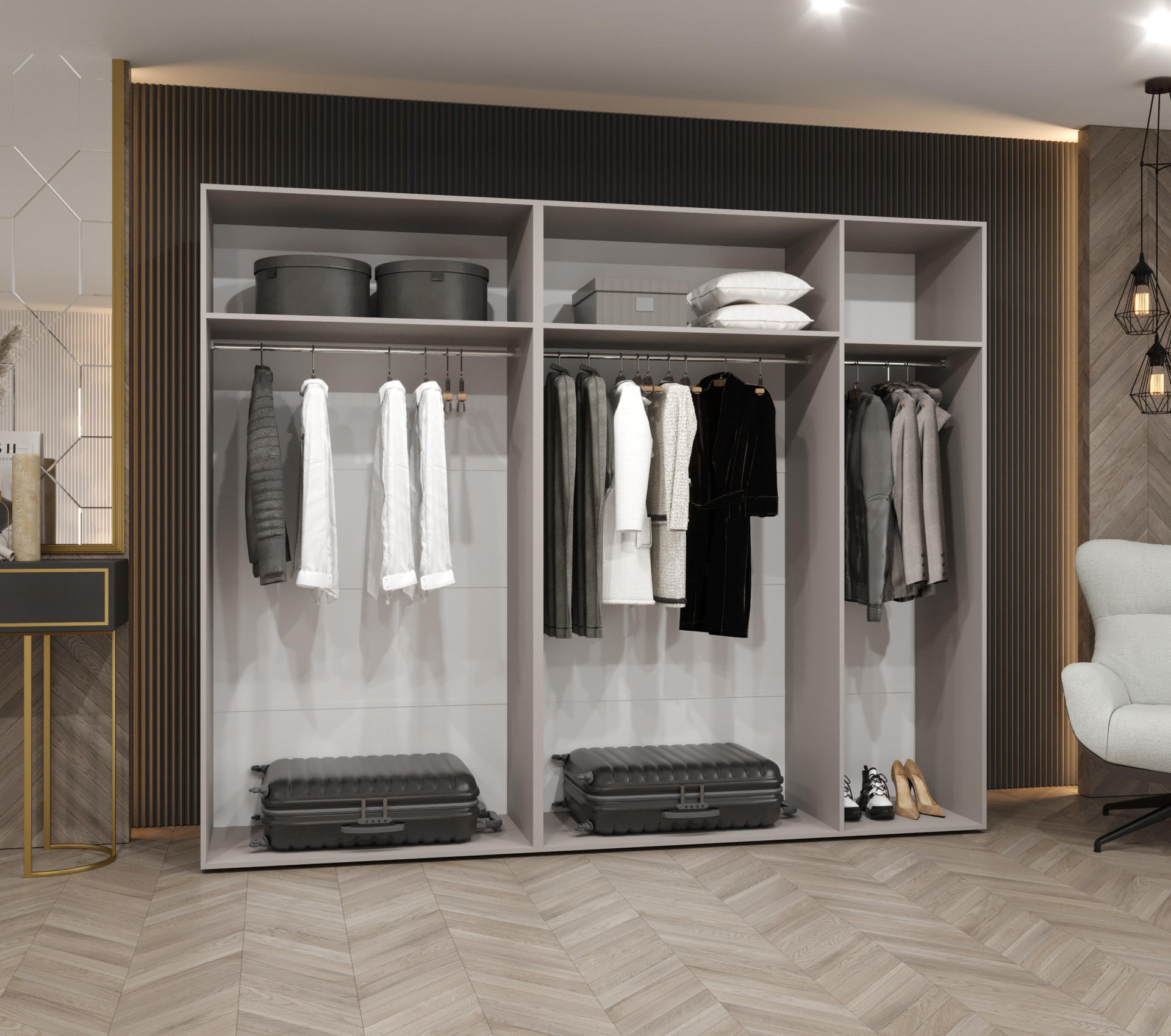 Thumbnail - Abiks Möbel Drehtürenschrank, Weiß, Gold, Metall, Nachbildung, 3 Fächer, 250x202x52 cm, Garderobe, Garderoben-Sets & Ser...