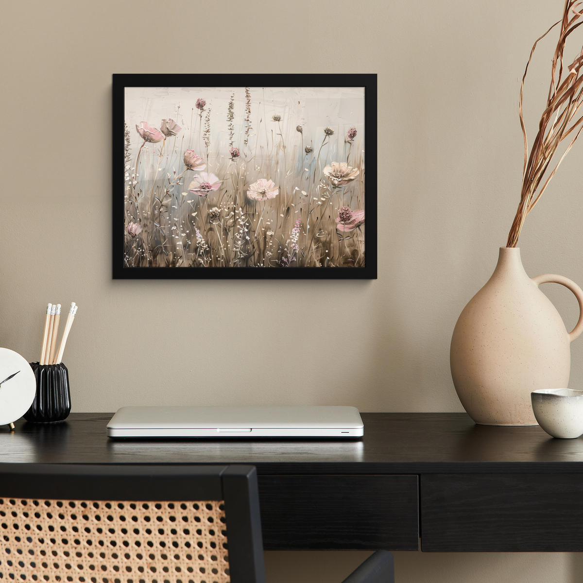 POSTER MIT RAHMEN Blumen - Rosa - Modern - Beige 40x30 cm - Beige, Papier (40/30cm) - MuchoWow