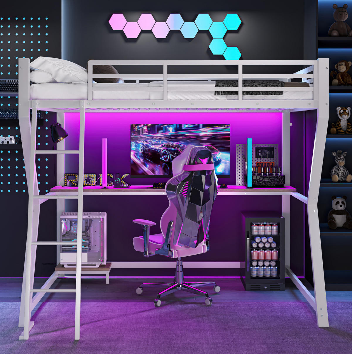 HOCHBETT 90/200 cm in Weiß mit LED-Beleuchtung, Schreibtisch und USB - Weiß, Metall (90/200cm) - Flora Grace
