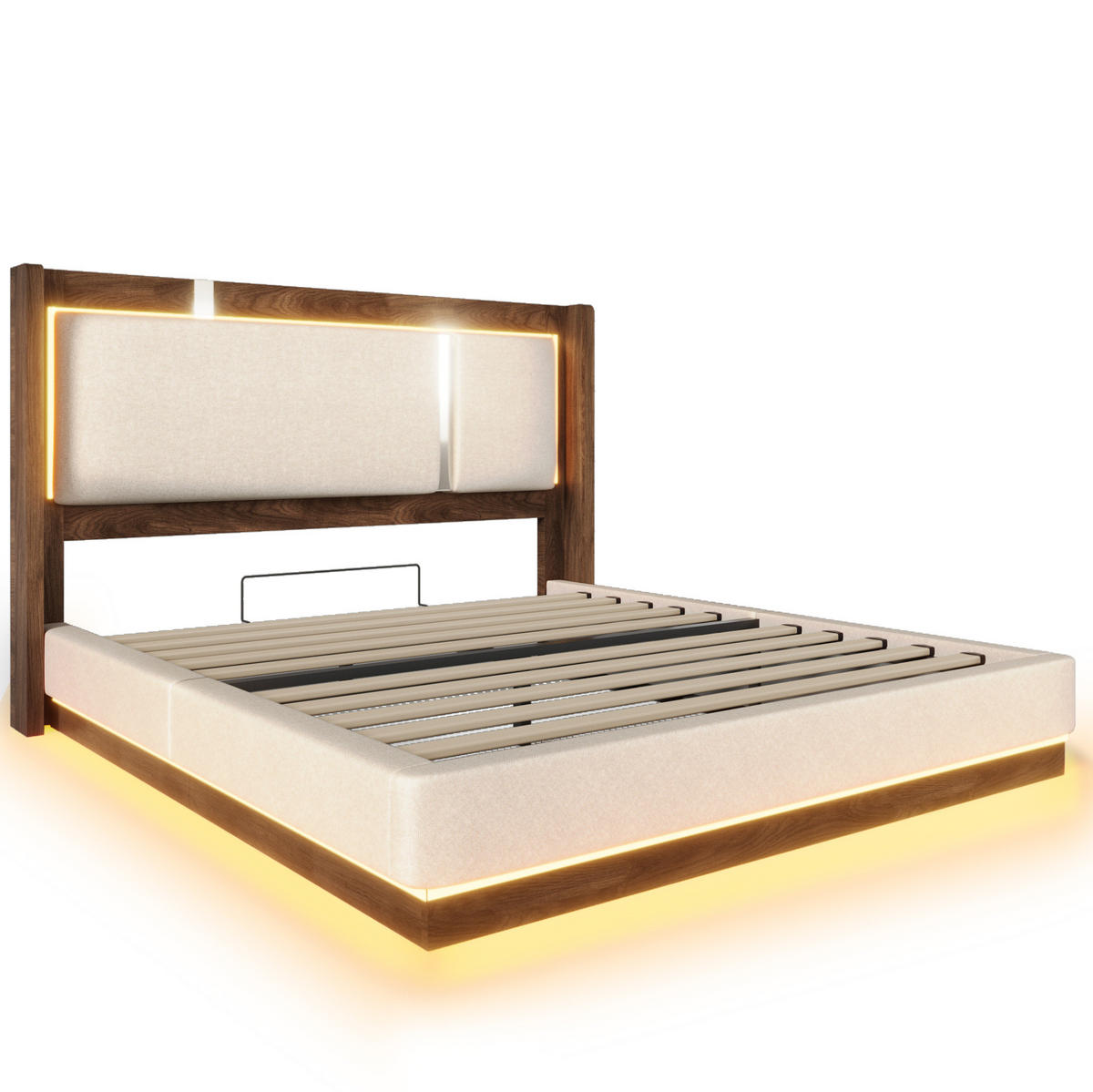 POLSTERBETT aus Leinen, Holz und Metall 180x200 cm Beige/Walnuss mit LED-Beleuchtung, Bettkasten und Lattenrost - Beige, Textil (180/200cm) - Modfu