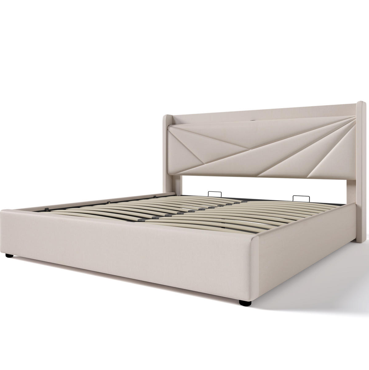 ČALOUNĚNÁ postel 160/200 cm béžová z bavlněného lnu s USB a Typ-C nabíjením a úložným prostorem - béžová, textil (160/200cm) - OKWISH