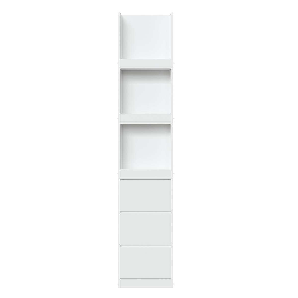 BÜCHERREGAL 60cm 200cm hoch 3 Fächer 3 Schubladen Anti-Kipp - Weiß, Holzwerkstoff (60/200/40cm) - FLIEKS