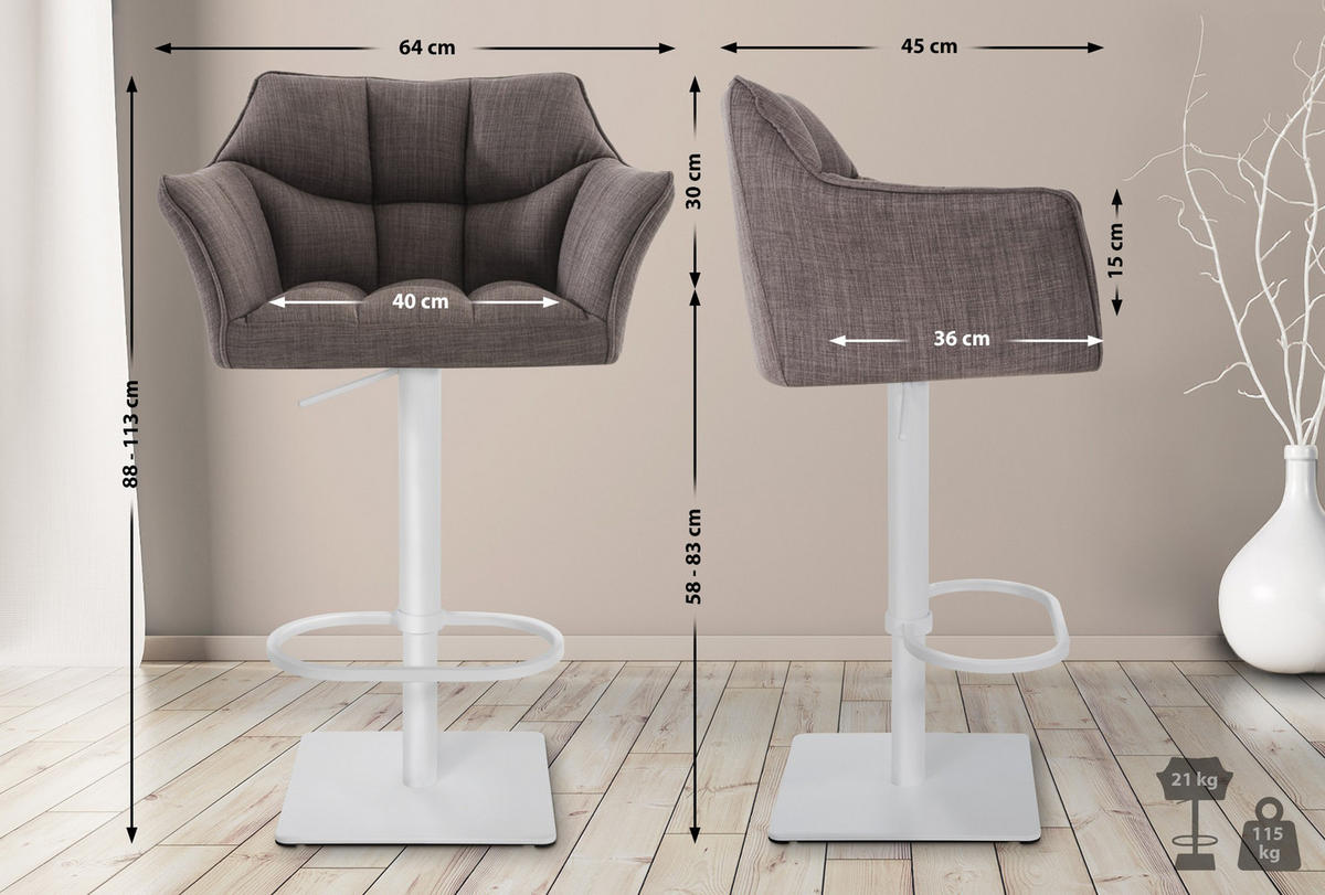 BARHOCKER 2er Set Damaskus Stoff weiß grau - Weiß/Grau, Kunststoff/Metall (64/110/48cm) - TPFLiving