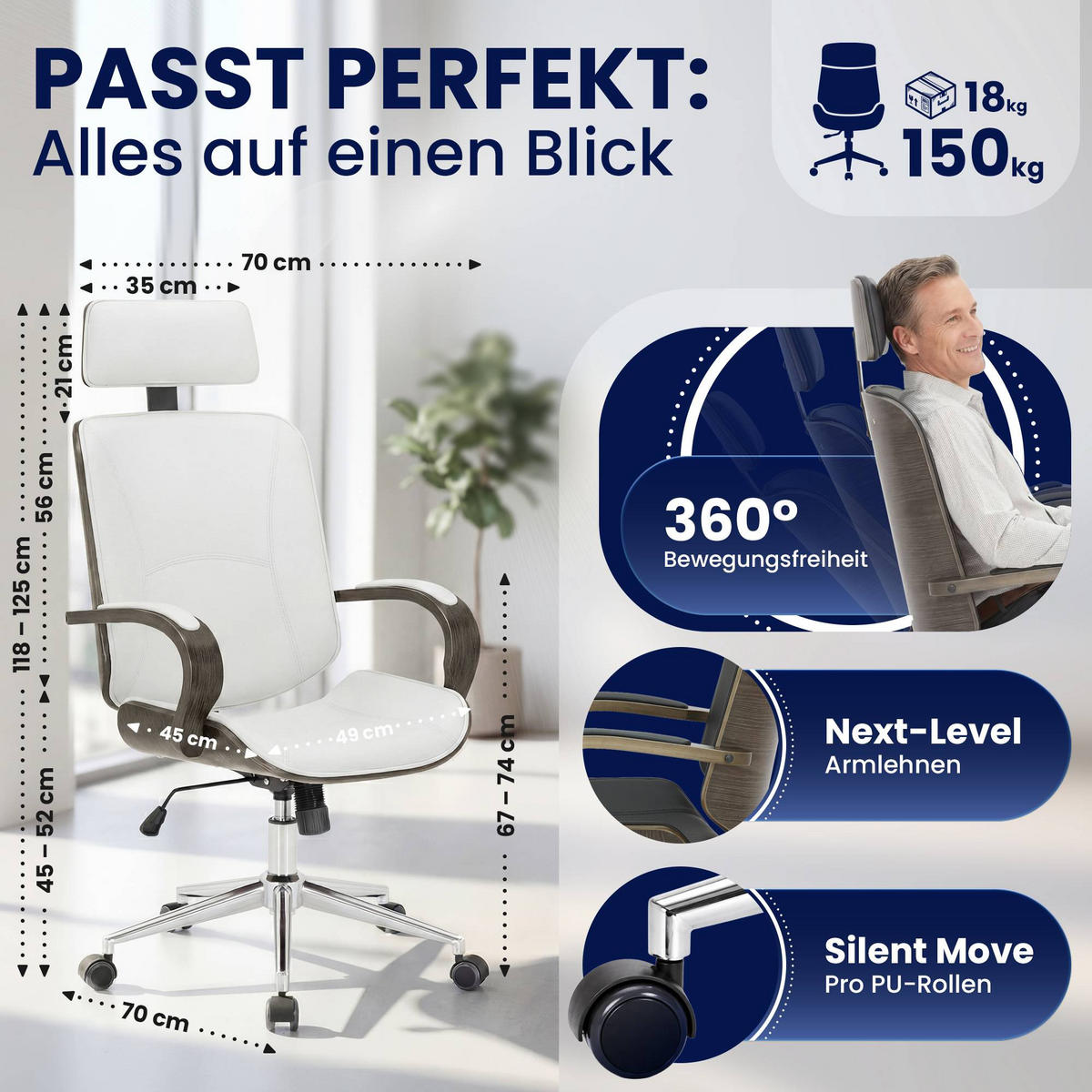 DREHSTUHL Lederlook Weiß/Grau - Weiß/Grau, Textil/Metall (70/118/70cm) - CLP