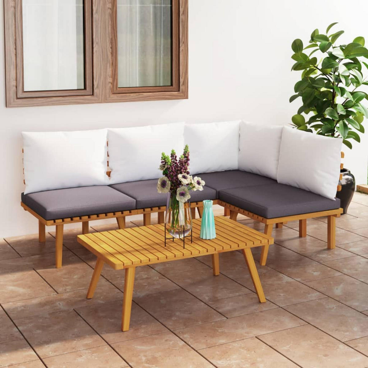 GARTEN-LOUNGE-SET 5-teilig Mit Kissen Massivholz Akazie - Dunkelgrau/Braun, Holz/Textil - vidaXL