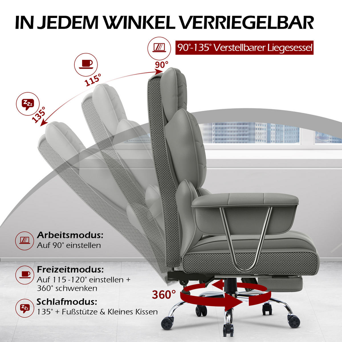 CHEFSESSEL ergonomisch, Leder, Fußstütze – Grau - Grau, Metall (58/128/50cm) - Rattantree