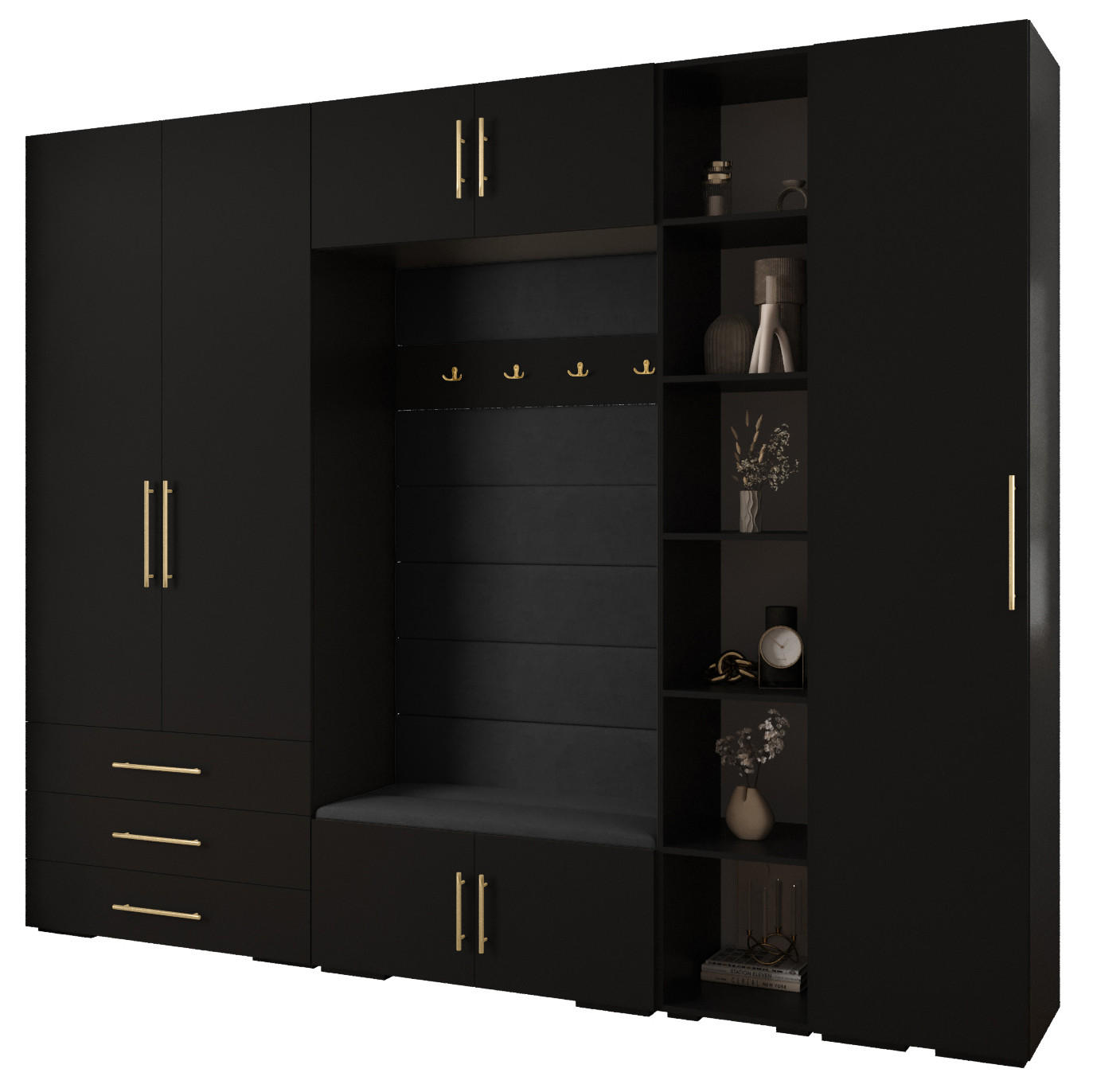 Abiks Möbel Garderoben-Set Schwarz, Schwarz, Gold 290x236.7x47 cm