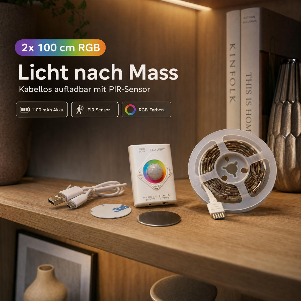 LED-STREIFEN mit Bewegungsmelder - Aufladbar und dimmbar für Innenbereich, 2er-Set - Weiß, Kunststoff (2cm) - Northpoint