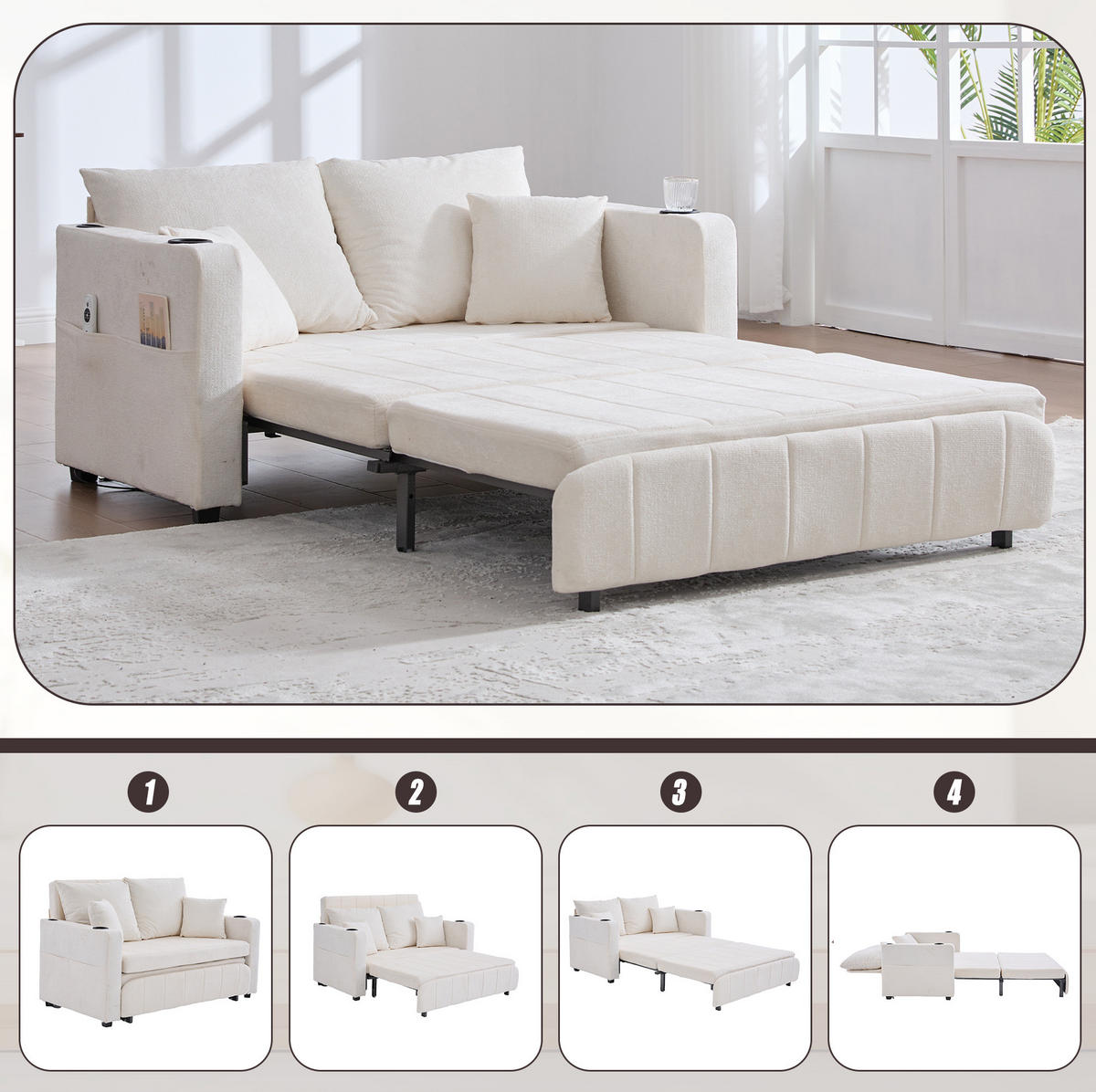 SCHLAFSOFA aus Chenille 139x83x73 cm in Beige mit Schlaffunktion & Seitentaschen - Beige, Textil (139/83/73cm) - Modfu