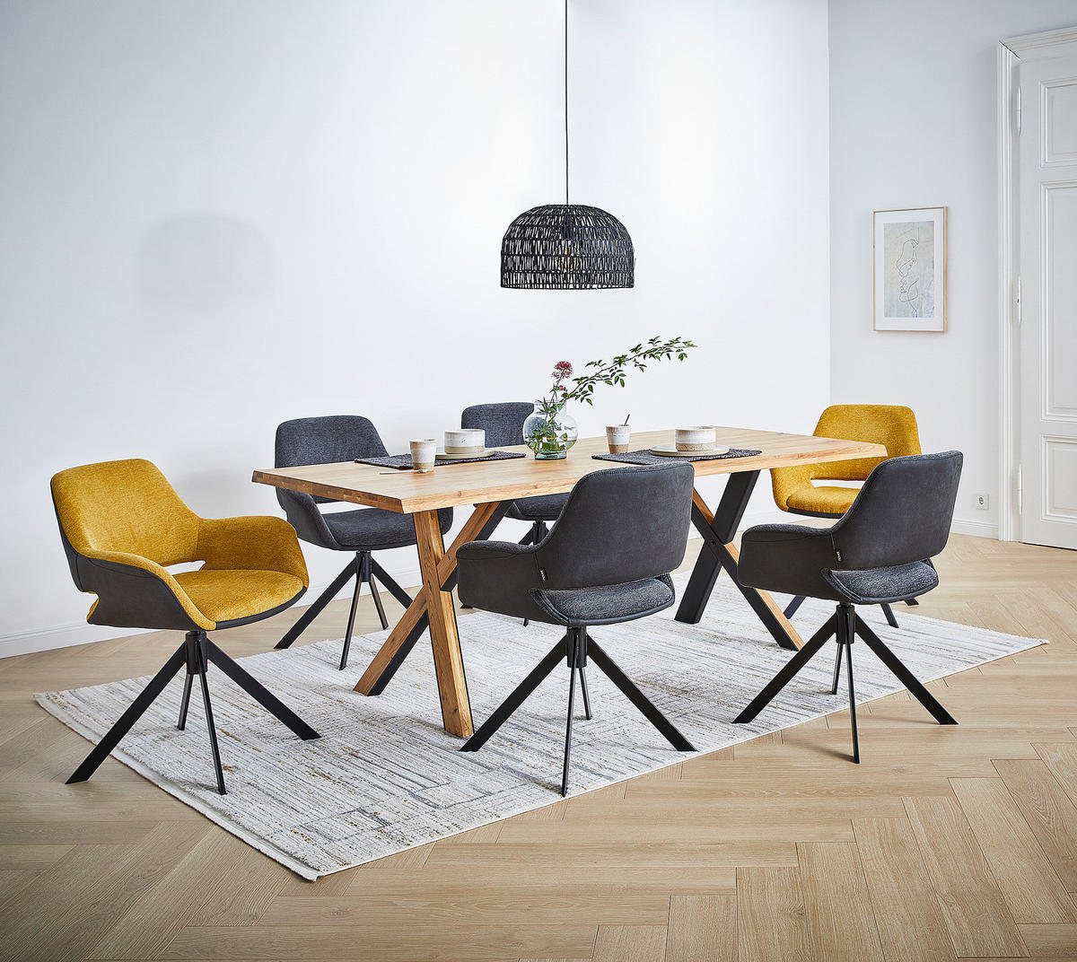 MASSIVER ESSTISCH - Eiche massiv - Eichefarben/Schwarz, Holz/Metall (100/200/76cm) - home24