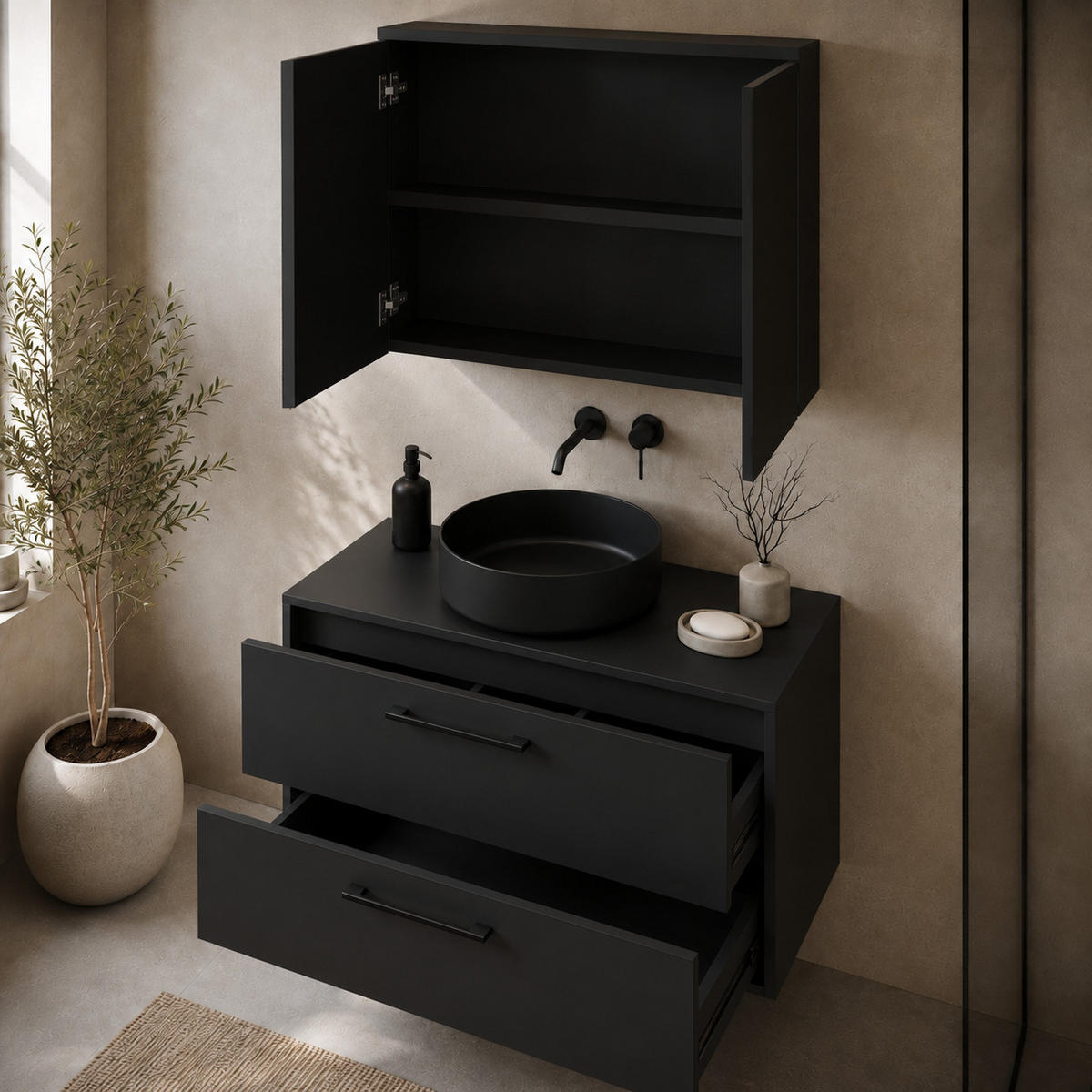 BADMÖBEL-SET Florence 2 Teile Matt Schwarz - 80 x 46 x 46 cm - Schwarz, Holz (80/46/46cm) - Badplaats