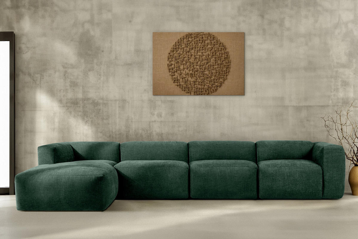 ECKMODULSOFA-LINKS BUFFO 6-Sitzer mit extrem weicher Sitzfläche, Gewebestoff, marine - Blau/Grün, Textil (377/180cm) - KONSIMO®