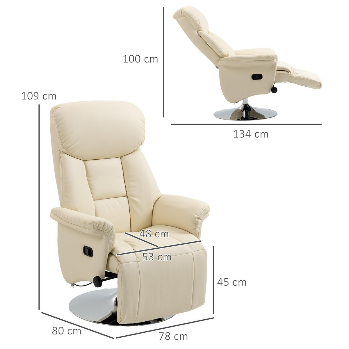 RELAXSESSEL DE-06434 mit Liegefunktion Creme - Creme, Metall (78/109/80cm) - ComfortXL