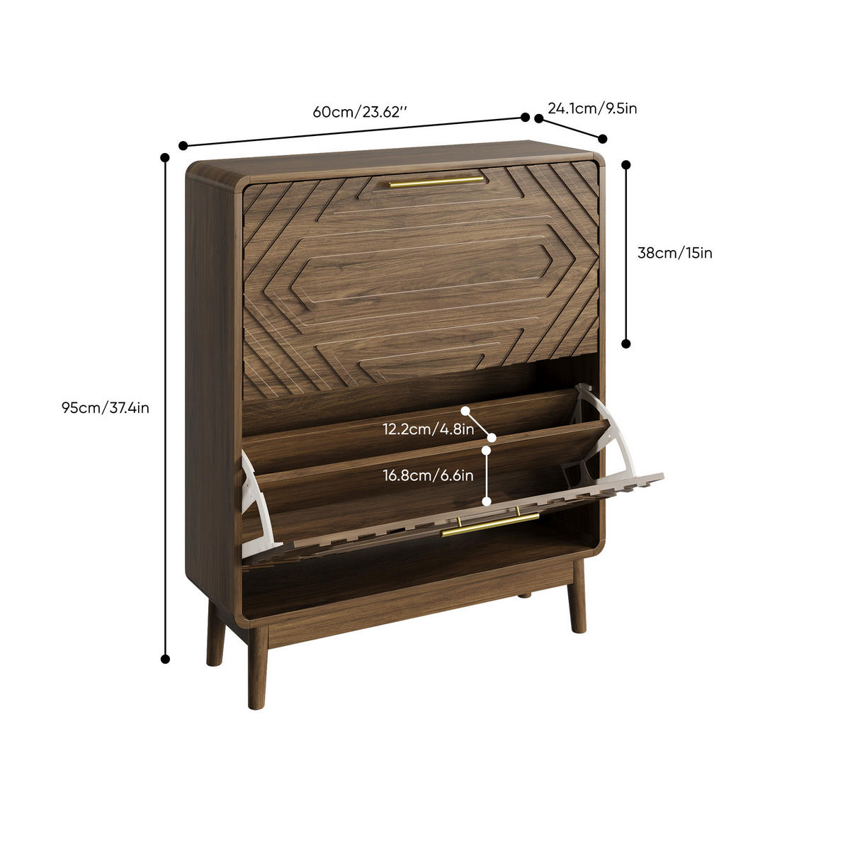 SCHUHSCHRANK Walnuss Mid-Century 60cm mit 2 Klappfächern & Regal - Walnussfarben, Holzwerkstoff (60/95/24cm) - Urban Meuble
