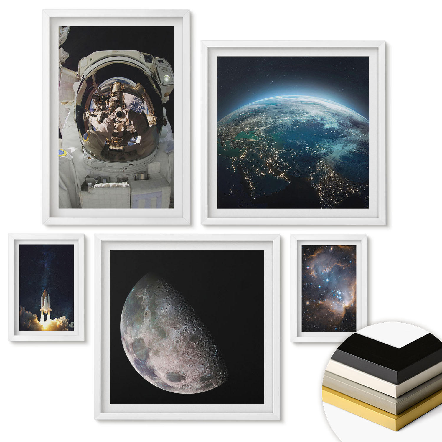 WANDBILDER 5er-Set - 50x50 cm & 20x30 cm & 40x60 cm Weißer Rahmen - Weltraum Erde Rakete Galaxie - Weiß, Kunststoff (40/60cm) - ArtPrintCave