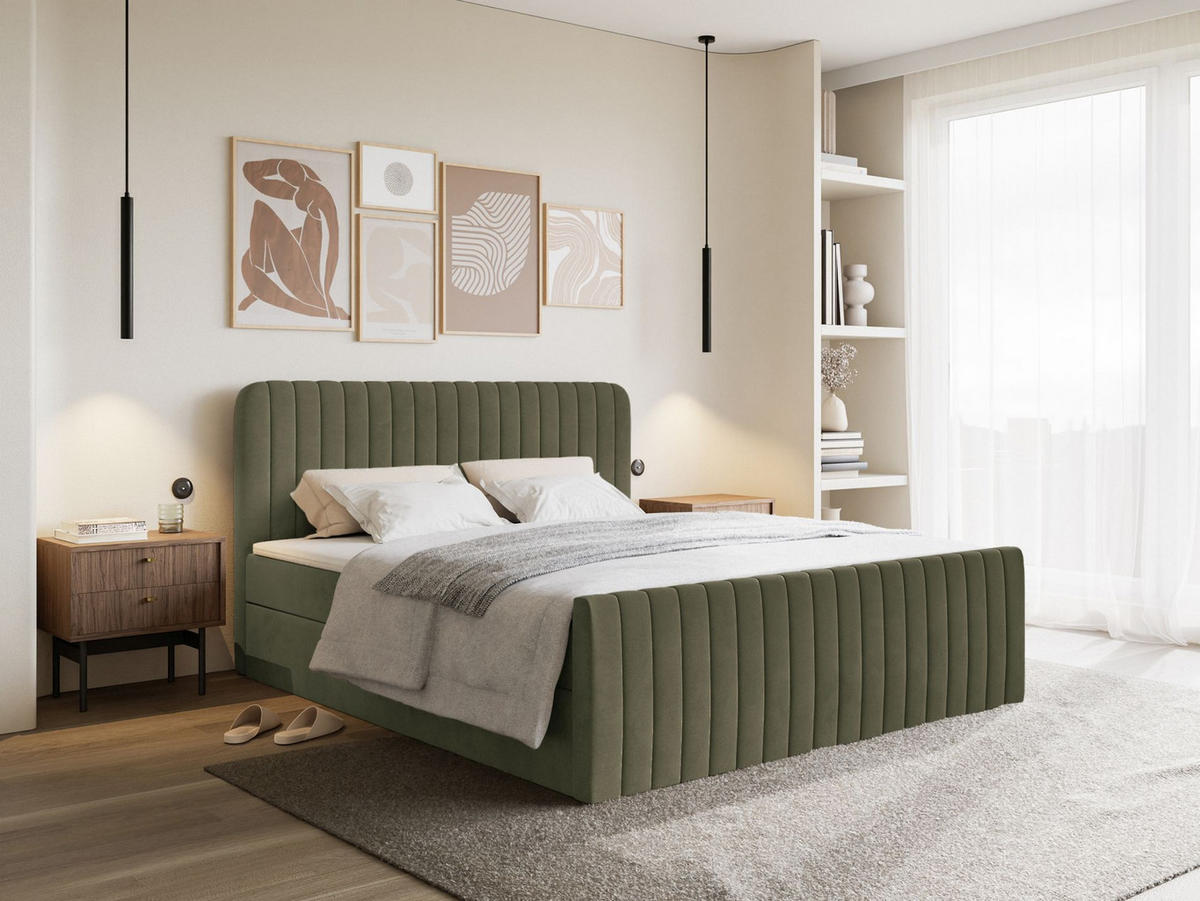 BOXBETT Saliano mit Topper und Samtbezug Olivgrün, 180x200 cm - Olivgrün, Kunststoff/Textil (180/200cm) - Selsey