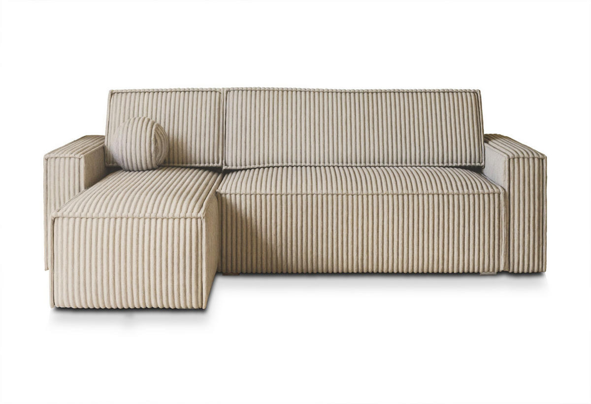 ECKSOFA RAVELO T Creme Kordstoff mit Schlaffunktion - Creme, Holz (240/140cm) - MASSENO