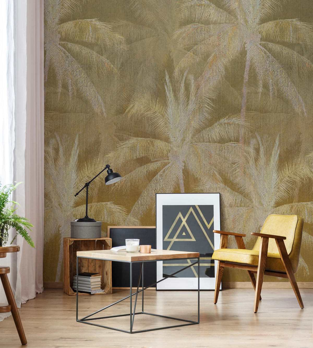 FOTOTAPETE Vintage-Palme ocker - Gelb, Papier/Kunststoff (300/280cm) - Art for the Home