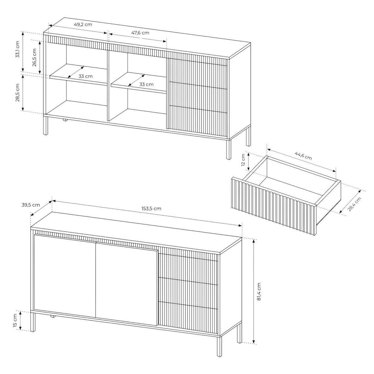 KOMMODE: 3 Schubladen, 2 Türen, Schwarz, 153,5 x 39,5 x 81,4 cm - Schwarz, Holzwerkstoff/Metall (153.5/81.4/39.5cm) - 3XE LIVING