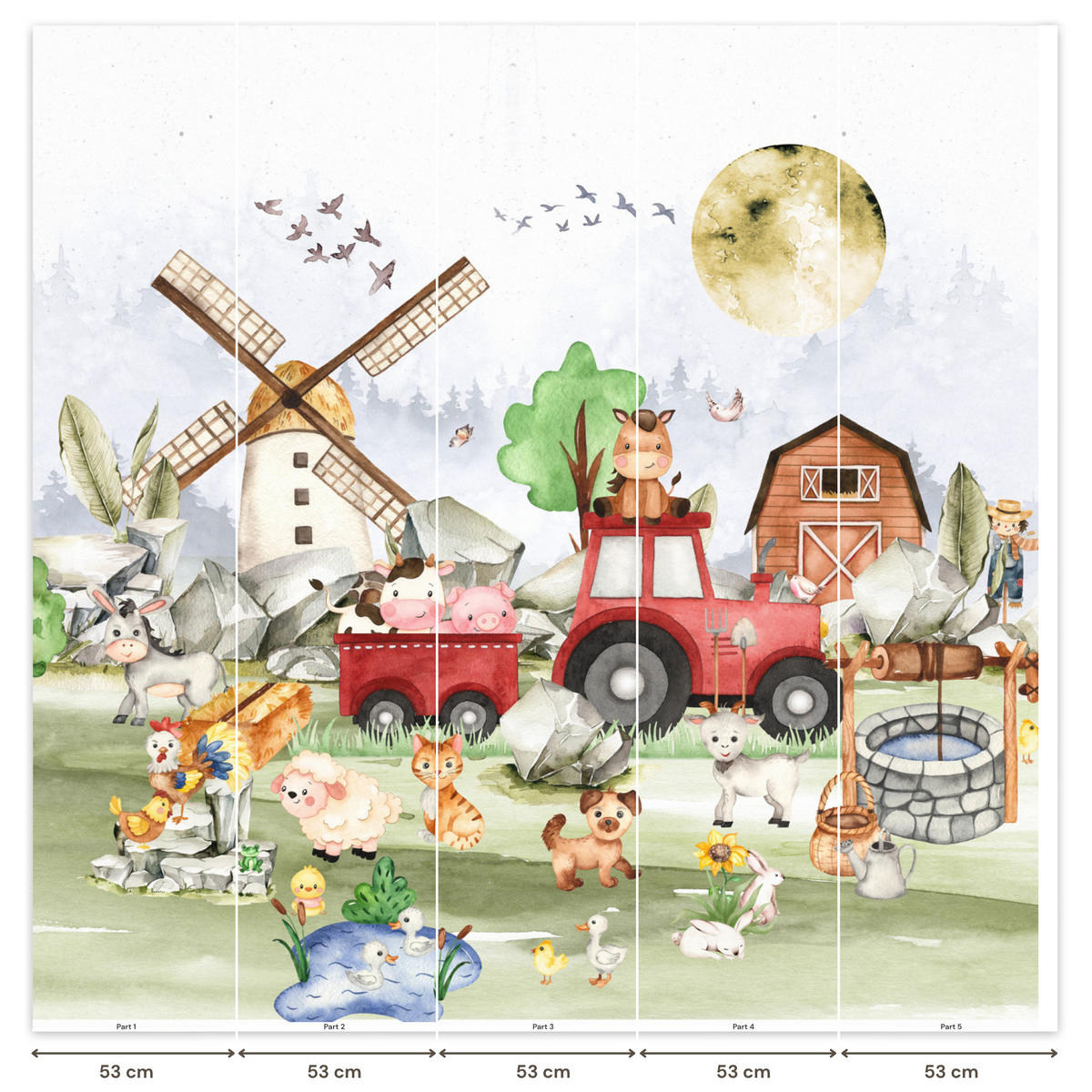 KINDERTAPETE - Bauernhof - Traktor - Kinder - Tiere - 260x240 cm - Weiß, Papier (260/240cm) - OnlyWow