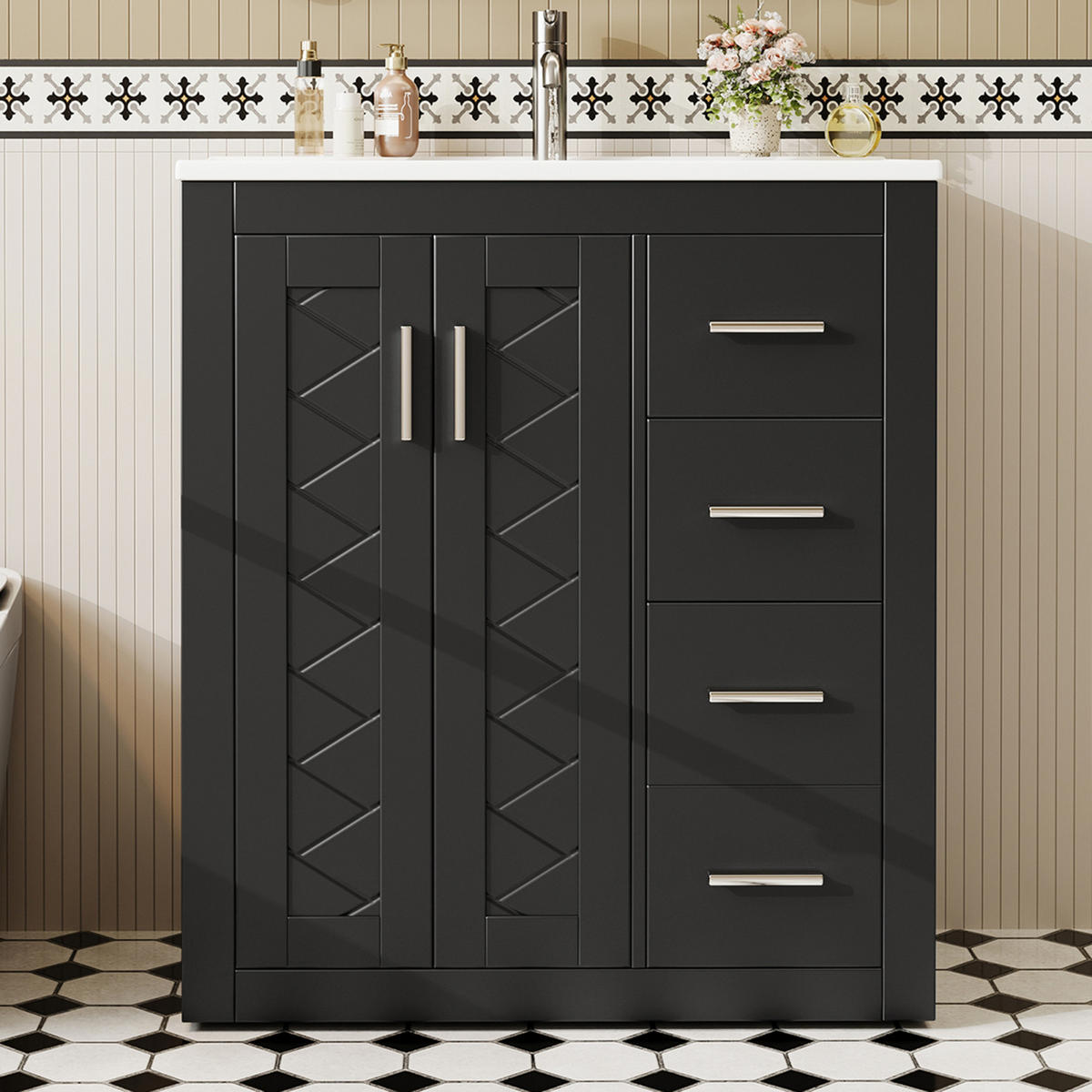 WASCHTISCHKOMBI,WASCHBECKENUNTERSCHRANK mit Keramikbecken 4 Schubladen - Schwarz, Holz/Metall (76/85/46cm) - PARAFTA HOME