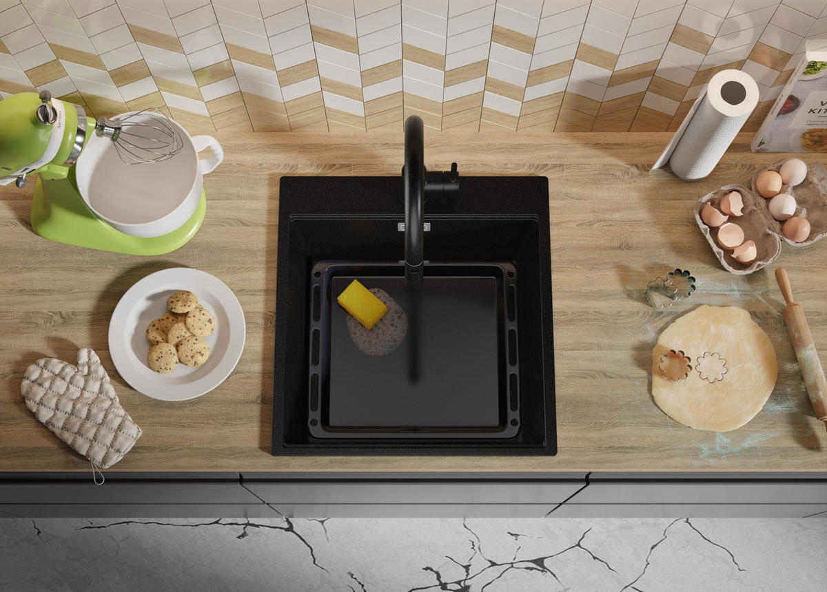 SPÜLBECKEN Oslo, 2-er set Alles Schwarz 48/50 cm 1 Becken + Ablauf-Set + Schneidebrett ab 50er Unterschrank - Schwarz, Kunststoff (48/20/50cm) - Primagran